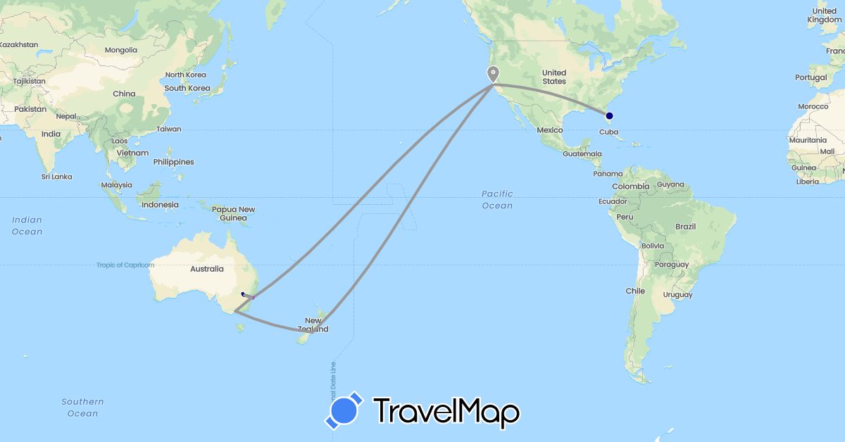 TravelMap itinerary: driving, bus, plane, train in Australia, New Zealand, United States (North America, Oceania)